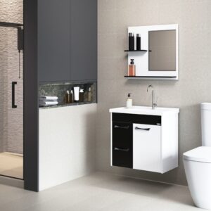 Armário kit Genova suspenso 2 gavetas + espelheira 55,4cm branca. Fornecedor: AJ Rorato.